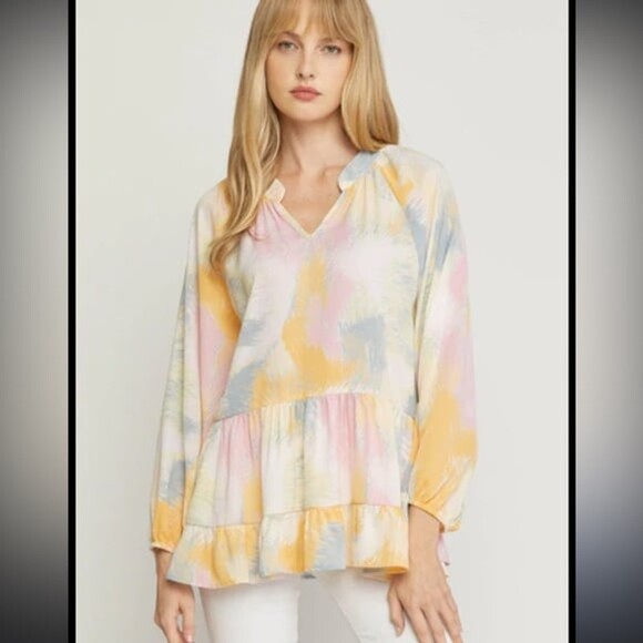 entro Tops - Entro Yellow, Blue Tired Ruffle Neck Blouse